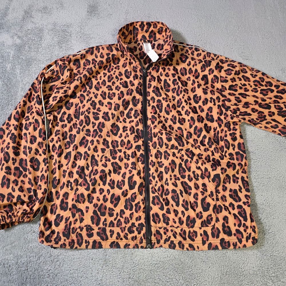 Fabletics Womens L Windbreaker‎ Jacket Orange Leopard Print Full Zip Athletic